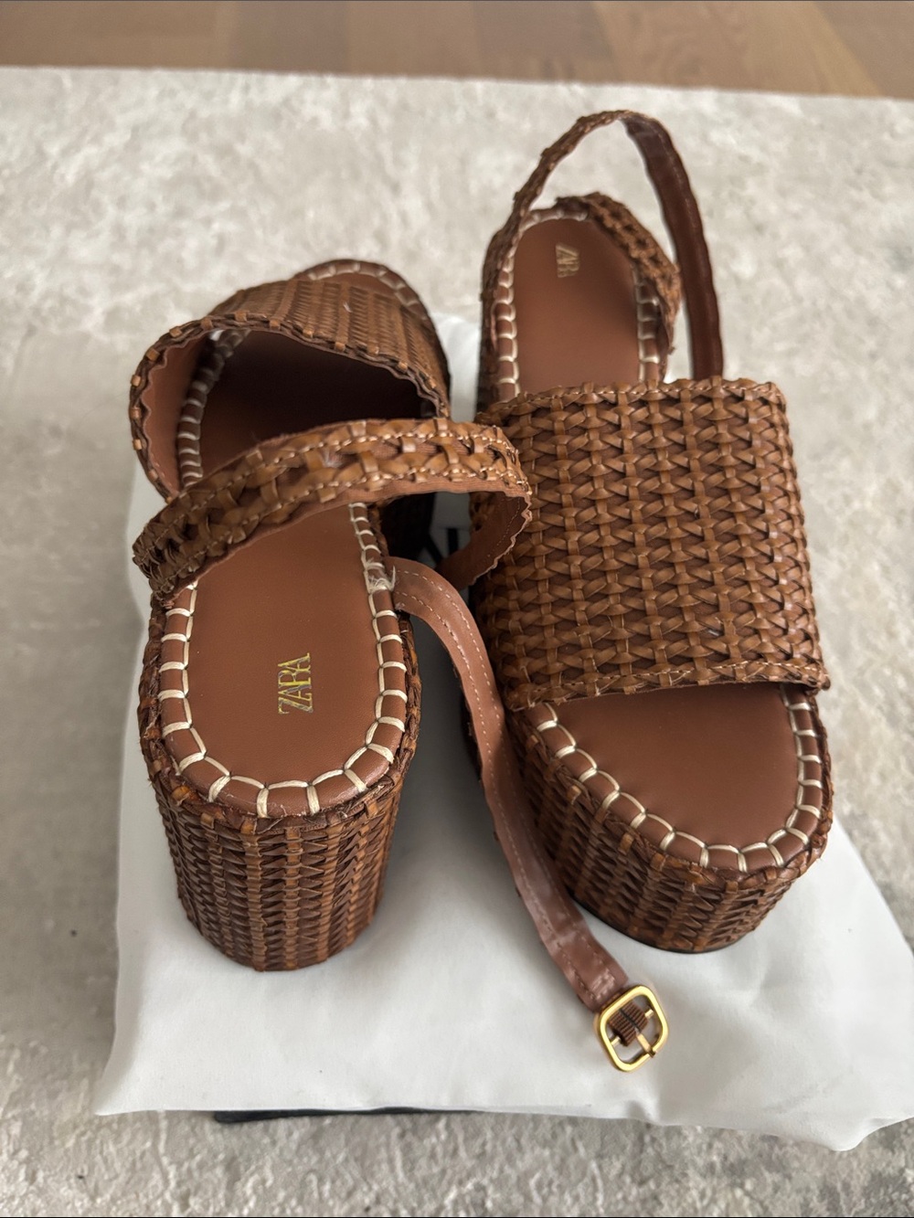 ZARA Brown Woven Platform Sandals with Ankle Strap